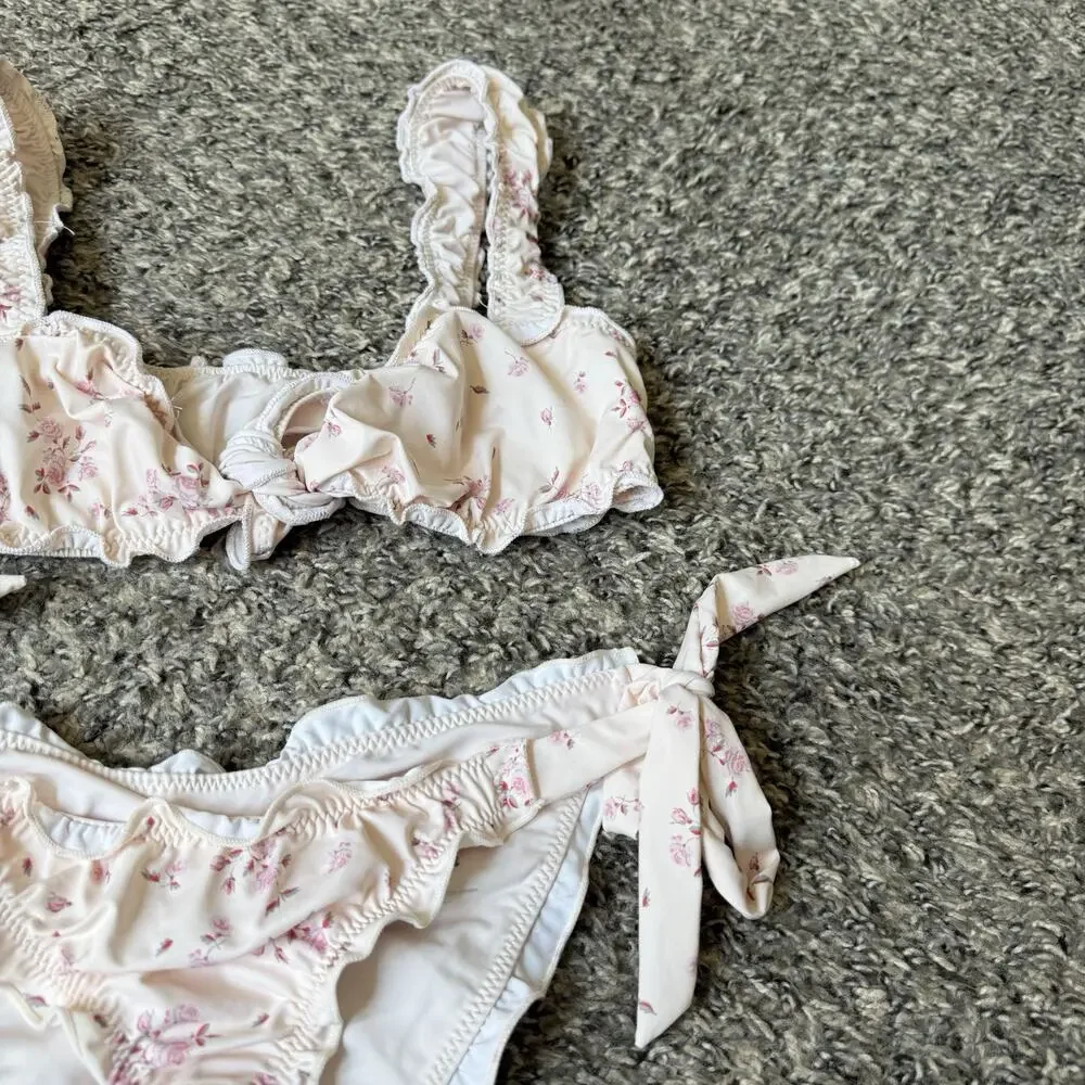 Frankies Bikinis Colby Tie Front Ruffle Bikini Set Size XS Pink Sweet Rose